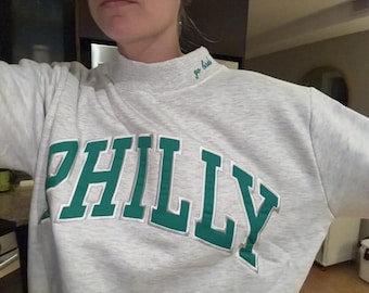 Philly Varsity Sweatshirt, Kelly Green Mockneck, Tackle Twill Applique (Game Day Gift)