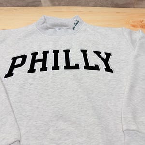 May include: A light gray heathered sweatshirt featuring the word PHILLY in large black block letters across the chest. The garment has a mock neck collar with the small embroidered text go birds in dark green on the right side of the neckline.