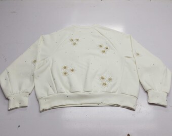 Handmade White Rhinestone Sweatshirt | 3D Stone Daisy Flower Embellished Pullover | Crystal Floral Sweater | Women's Luxury Handcrafted Top