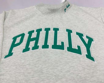 Philly Eagles Mockneck Sweatshirt | Tackle Twill Applique, Go Birds Embroidery | Kelly Green