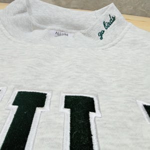 May include: A light gray heathered sweatshirt featuring a high mock neck collar with the embroidered text "go birds" in dark green. The front displays large, block-style letters in dark green with white stitching outlines. An Allure label is visible.