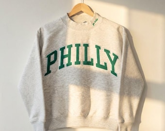 Philly Mock Neck Sweatshirt, Custom Tackle Twill Applique, Varsity Style Kelly Green Pullover, Game Day Gift for Her