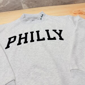 May include: A light gray heathered sweatshirt featuring the word PHILLY in large black block letters across the chest. The mock neck collar includes small green embroidered text that reads go birds, and the garment has long sleeves with ribbed cuffs.