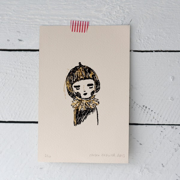 Acorn Girl, Gocco Print, Hand Tooled Gold Foil Illustration, Hand Printed, Screen Printed, A6 Size, Limited Edition Gocco Print by mooshpie