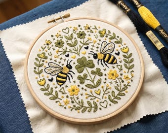 Cottagecore Honey Bee Clover Embroidery Kit, Lucky Four Leaf Clover, Spring Garden Decor, Beginner Friendly Nature DIY Craft