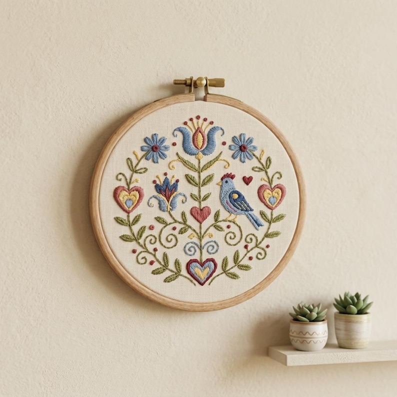May include: A round, embroidered wall hanging featuring a blue bird, hearts, and floral designs in red, blue, and yellow. The embroidery is set in a wooden hoop, creating a decorative piece for home decor.