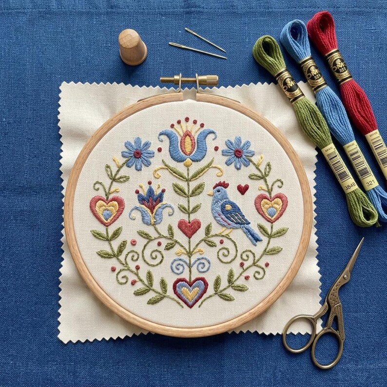 May include: A completed embroidery project in a wooden hoop, featuring a blue bird, hearts, and floral designs in blue, red, and green. Embroidery floss in green, blue, and red, along with scissors, a thimble, and needles are also visible.