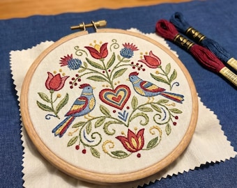 Pennsylvania Dutch Folk Art Love Birds Embroidery Kit, Heart Valentines Day Gift, Farmhouse Beginner Craft