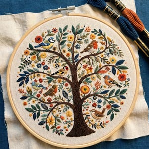May include: A circular wooden embroidery hoop containing a fabric panel with a detailed tree design. The tree features brown branches, green leaves, colorful flowers, and six small birds in shades of blue, orange, yellow, and brown.