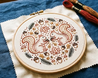 Scandinavian Folk Art Autumn Squirrel Embroidery Kit, Acorn Fall Decor, Beginner Friendly Woodland DIY Craft