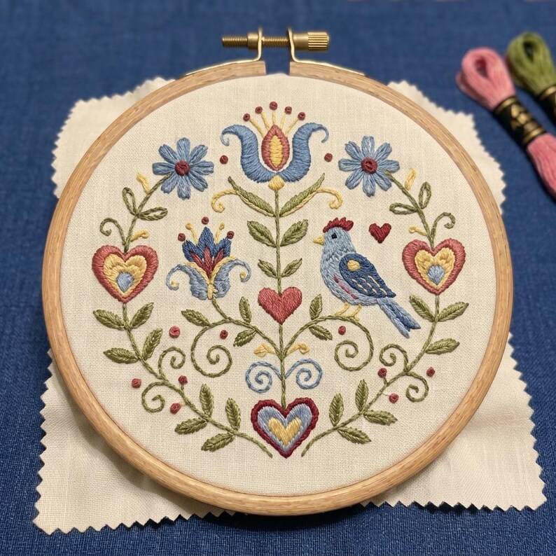 May include: A completed embroidery hoop featuring a folk art design. The design includes a blue bird, hearts, and floral elements in shades of blue, red, yellow, and green. The embroidery is set in a wooden hoop and mounted on a piece of fabric.
