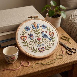 May include: A completed embroidery hoop featuring a blue bird, hearts, and floral designs in shades of blue, red, and yellow. The embroidery is set in a wooden hoop. A small teacup with floral patterns and a stack of books are nearby.