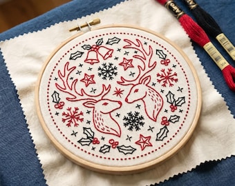 Scandinavian Folk Art Christmas Reindeer Embroidery Kit, Red Black Holiday Decor, Beginner Friendly Winter DIY Craft