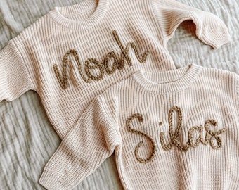 Ivory - Personalized Oversized Embroidered Knit Baby Toddler Sweater