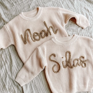 Ivory Personalized Oversized Embroidered Knit Baby Toddler Sweater image 1