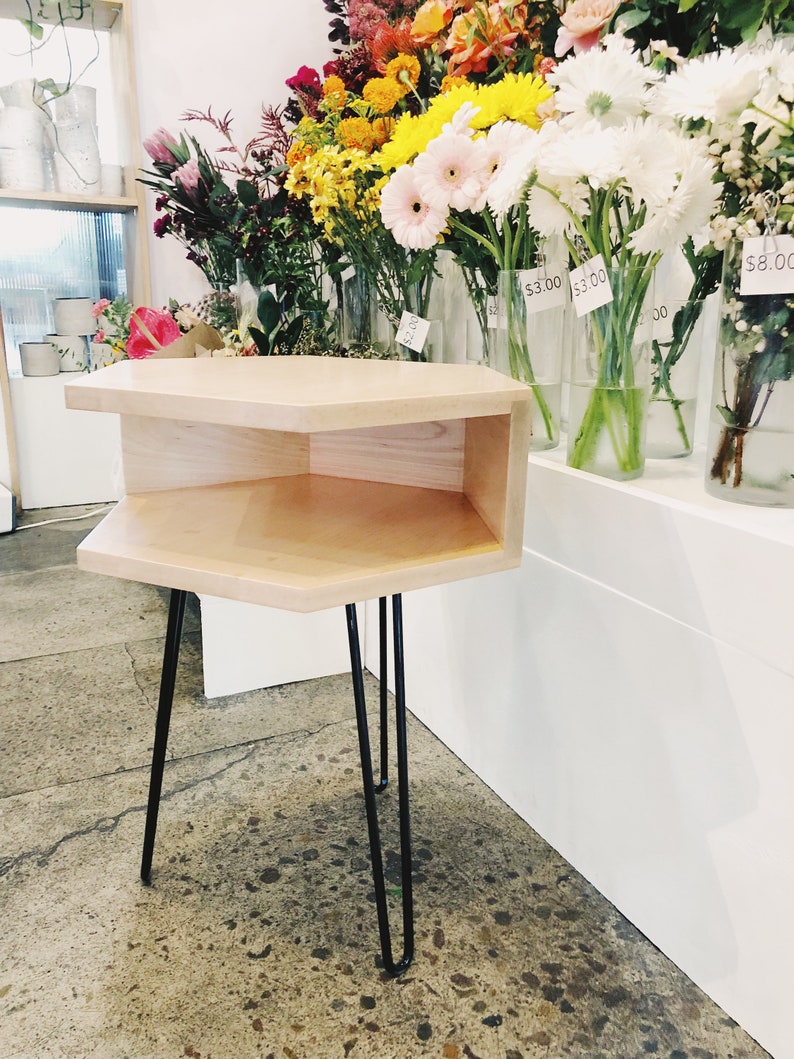 Hexagon Cubby Maple Wood End Table Or Side With Hairpin Legs