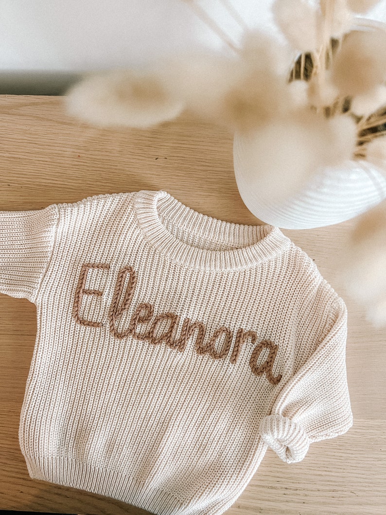 Ivory Personalized Oversized Embroidered Knit Baby Toddler Sweater image 2