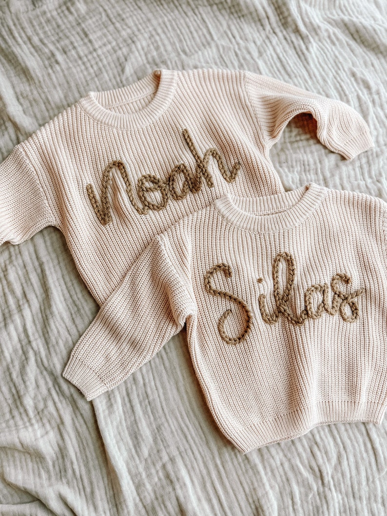 Ivory Personalized Oversized Embroidered Knit Baby Toddler Sweater image 1