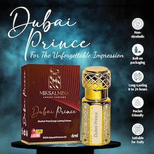 May include: A gold and glass perfume bottle and box set. The bottle has a roll-on applicator and a decorative gold cap. The box is dark red with gold lettering that reads "Dubai Prince" and "MIKSALMINA LUXURY PERFUME". The perfume is alcohol-free, long-lasting, and pocket-friendly.