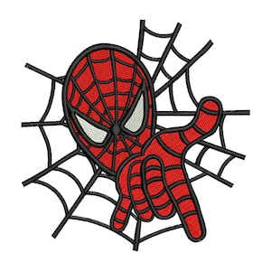 May include: Embroidered patch featuring Spider-Man's head and hand, in red and black, against a black spiderweb background. The design showcases the character's iconic mask with white eye shapes and a hand pointing forward.
