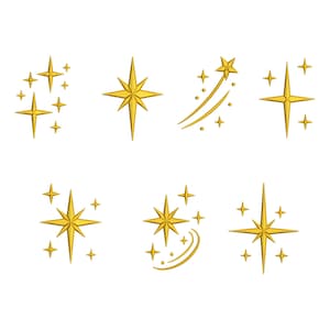 May include: A collection of seven distinct gold embroidered star motifs. Each design features four-pointed or multi-pointed stars, some accompanied by smaller twinkling star accents, curved motion lines, or circular dots, all rendered in a metallic gold thread.