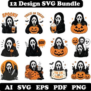 Könnte beinhalten: Ein 12-teiliges SVG-Design-Paket mit Illustrationen einer geisterhaften Figur in einer schwarzen Kapuzenrobe. Die Figur ist in verschiedenen Halloween-Szenen mit Kürbissen, Kaffeebechern, Luftballons und Texten wie Spooky und Trick or Treat dargestellt.