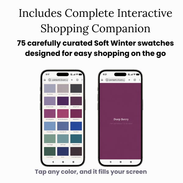 Soft Winter Shopping Companion | Expanded 75-Swatch Mobile Palette Tool | Color Matching Shopping Guide