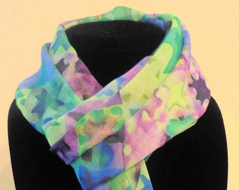 CLEARANCE SALE Silky Scarf--Dressy Scarf--Blue Green Purple Print--You Choose style--Long or Infinity