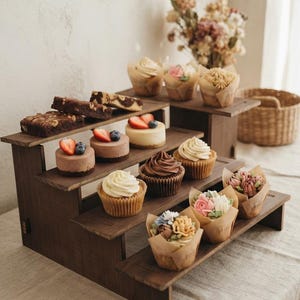 Set of 2 Wooden Cupcake Stand | 4 Tier Rustic Display Riser | Craft Fair & Perfume Shelf