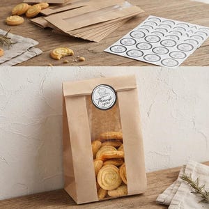 50 Pcs Kraft Paper Bakery Bags with Window & Stickers, 3.5x2.3x7.5" Vertical Cookie Packaging for Cupcake Coffee Bean