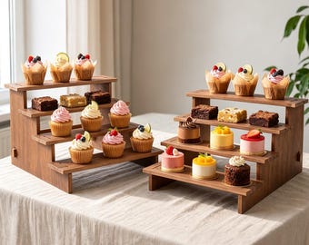 2 Pack Wooden Cupcake Stand, 4 Tier Rustic Dessert Display Riser, Tool-Free Wood Tiered Tray for Vendor Events & Weddings
