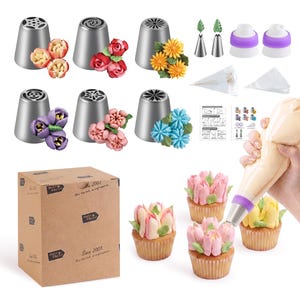 May include: A collection of stainless steel piping tips and pastry bags, with examples of floral buttercream decorations. Includes cupcakes decorated with pink and yellow tulip designs, and a brown box with text.