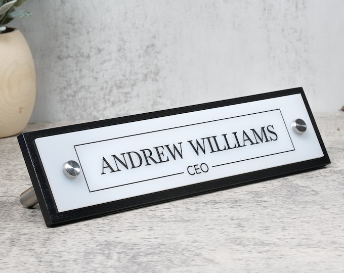 Modern Desk Name Plate.   Made Exclusively by Garo Signs. Size 10" x 2.5"