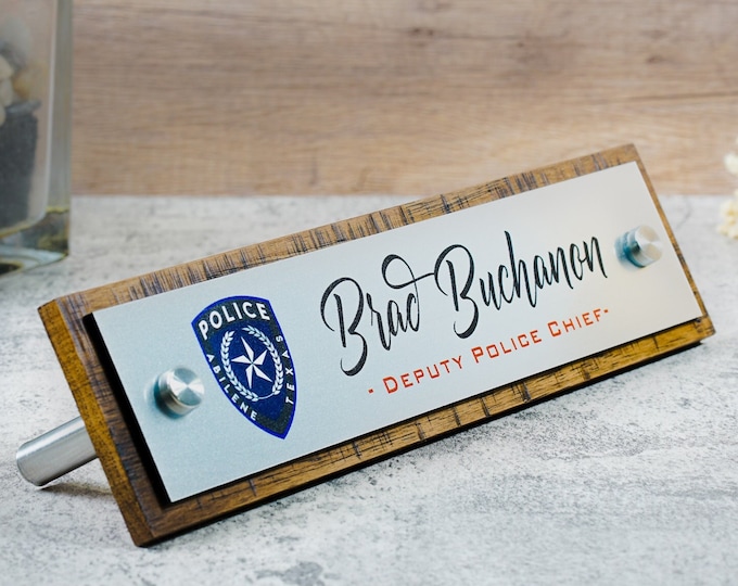 Personalized Police Gift Desk Name Plate Rustic Sign.   Made Exclusively by Garo Signs. Size 10" x 2.5"