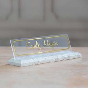 Personalized Marble Desk Name Plate: Gold Accent Office Decor