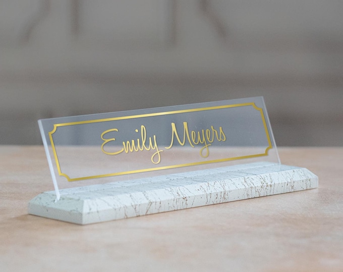 Personalized Desk Name Plate. White and Gold Marble. Gift for Her. Made Exclusively by Garo Signs. Size 10" x 2.5”