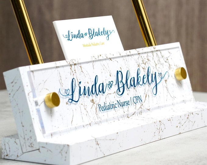 Personalized Desk Name Plate Marbled with Gold Hardware - Plaque Made Exclusively by Garo Signs. Size 10" x 2.5"