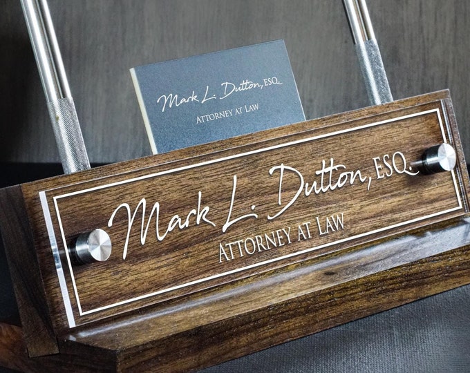 Custom Business Card Holder with Desk Name Sign and Pen Holder Included. Makes a great Dad Gift. Size 10" x 2.5"