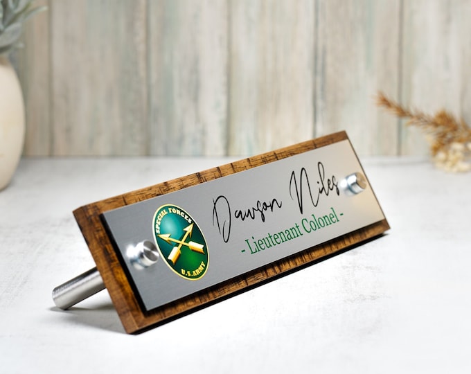 Military Desk Name Plate with rustic wood plaque. Army, Air Force, Marines and more logos to choose from. Size 10" x 2.5"