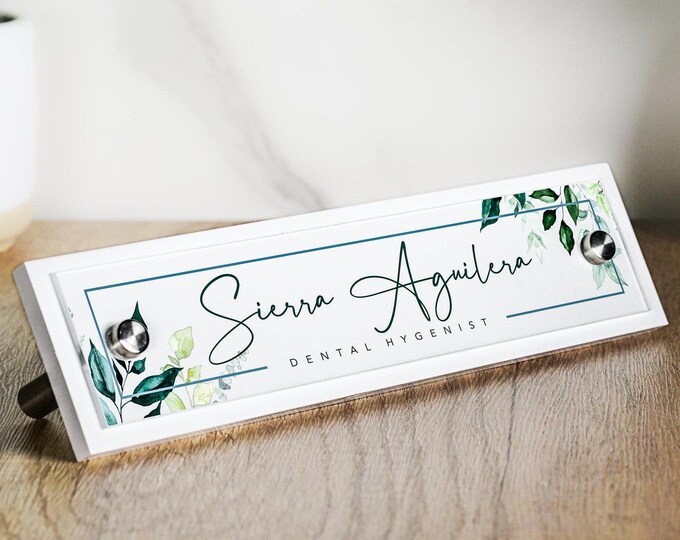 Floral Desk Name Plate - Wood and Acrylic Sign with Hardware Included. Makes a great coworker gift or teacher gift. 10" x 2.5"