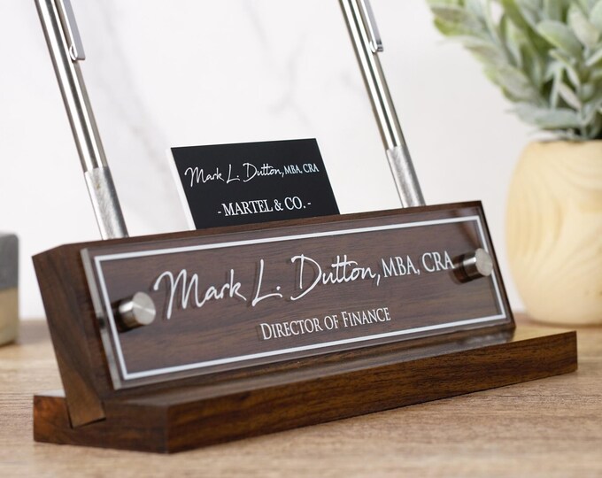 Personalized Business Card Holder, Pen Holder and Desk Name Plate included. 3 in 1 desk accessory set! Size 10" x 2.5".