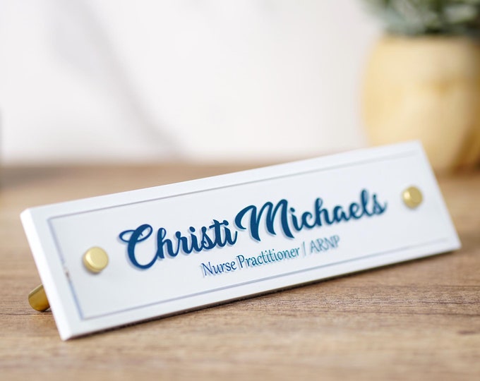 White Desk Name Plate Acrylic Sign with Hardware Included.   Plaque made Exclusively by Garo Signs. Size 10" x 2.5"