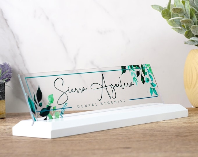 Personalized Desk Name Plate shown with clear acrylic - Sleek Decor for Your Workspace