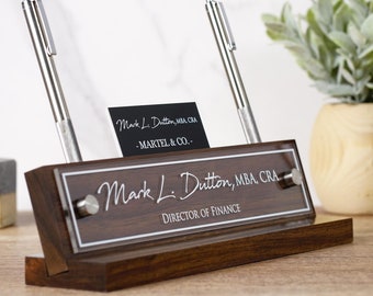 Personalized Executive Desk Name Plate. Pen and Business Card Holder slots included -   Plaque made Exclusively by Garo Signs.