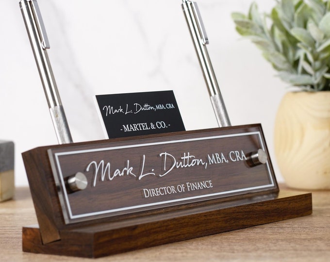 Personalized Executive Desk Name Plate. Pen and Business Card Holder slots included -   Plaque made Exclusively by Garo Signs.