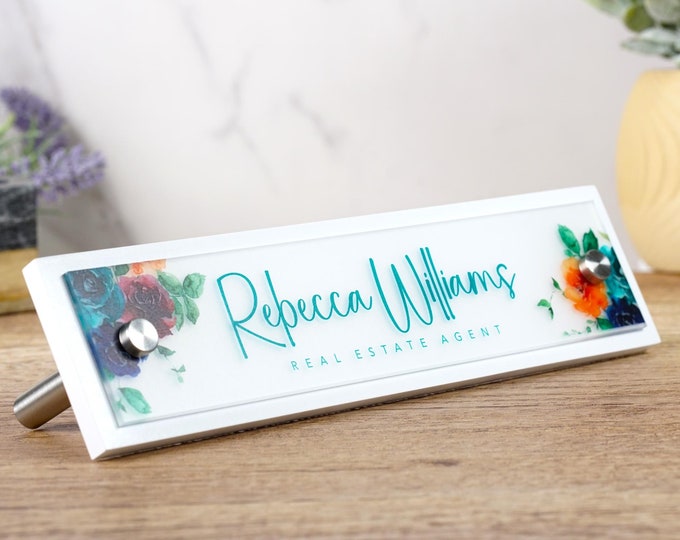 Custom Modern Desk Name Plate with Hardware Included.  Desk Decor Plaque made Exclusively by Garo Signs. Size 10" x 2.5"