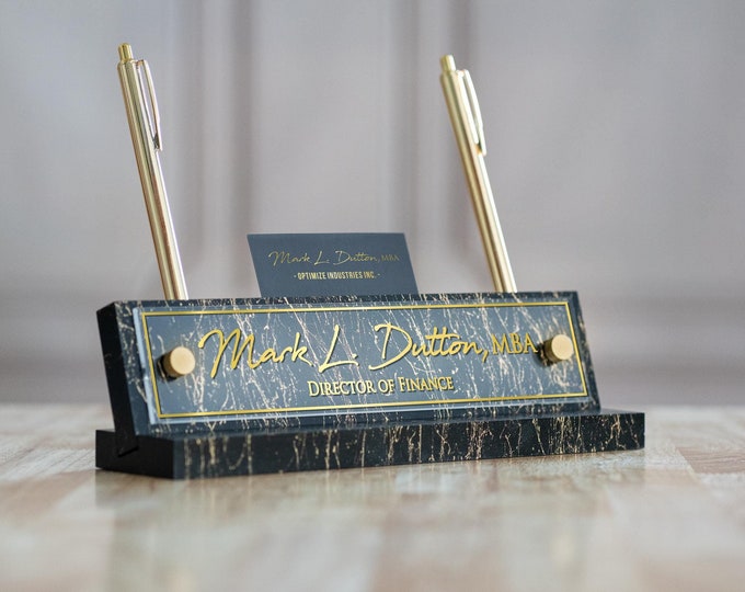 Personalized Desk Name Plate. Acrylic Sign, Name Sign, Black and Gold Finish - Made Exclusively by Garo Signs. Size 10" x 2.5"