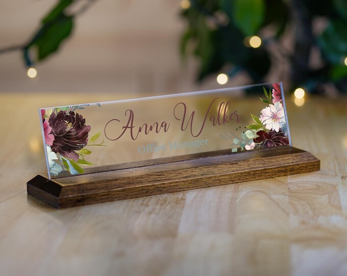 Desk Name Plate - Personalized Coworker Christmas Gift - Custom Wood Sign for Desk - Floral Name Plate - Shown in Walnut - 10" x 2.5"