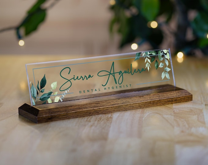 Desk Name Plate - Personalized Coworker Christmas Gift - Custom Wood Sign for Desk - Floral Name Plate - Shown in Walnut - 10" x 2.5"