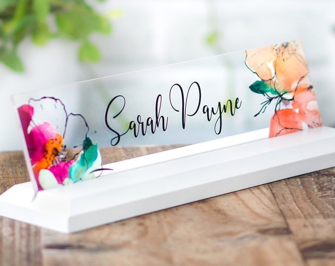 Personalized Desk Name Plate with Acrylic Sign and Wooden Base included.   Made Exclusively by Garo Signs. Size 10" x 2.5”